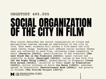 Poster for “ORGSTUDY 495.005: Social Organization of the City in Film.” Features bold, black text for the course title. Below is a detailed course description and list of films studied. The bottom section has a black silhouette of a city skyline, the University of Michigan LSA Organizational Studies logo, and contact info for Jeremy Levine (levinejr@umich.edu). Background is off-white with a slightly distressed texture.